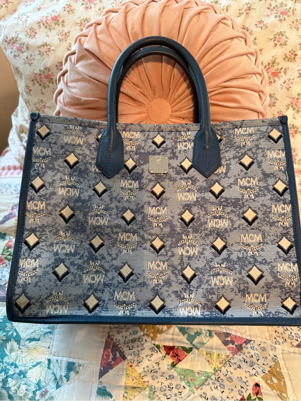 MCM Navy and Beige Monogram Canvas Tote